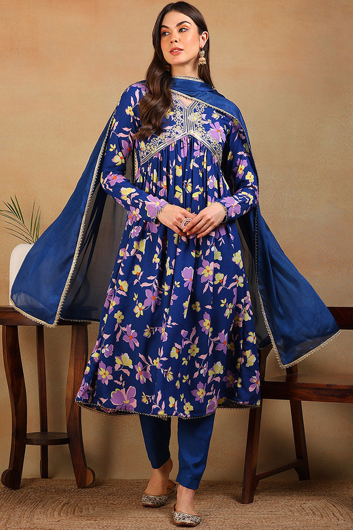 Blue Poly Georgette Floral Printed Flared Suit Set  | SHOBITAM