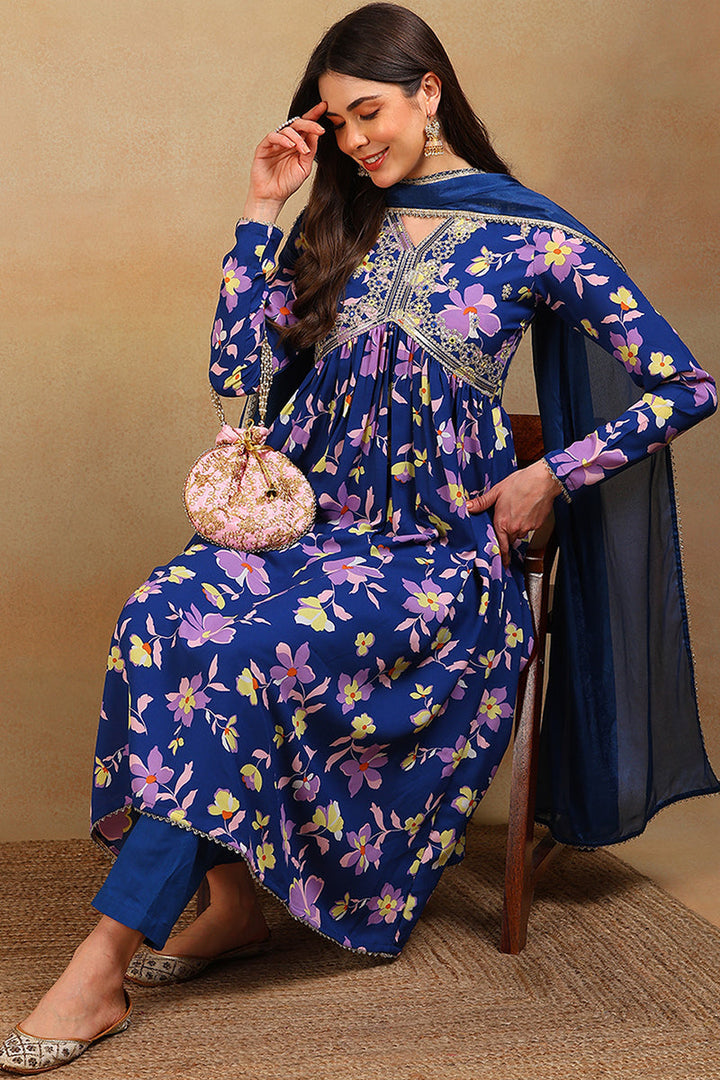 Blue Poly Georgette Floral Printed Flared Suit Set  | SHOBITAM