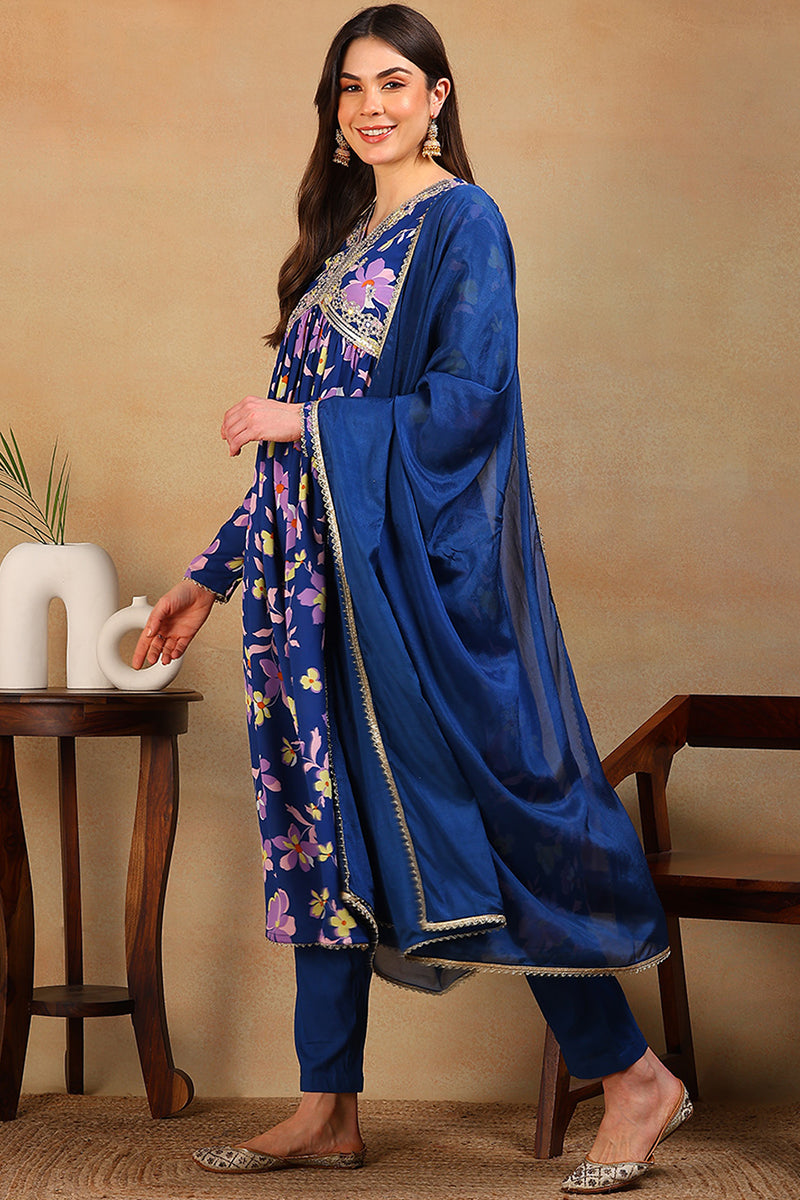 Blue Poly Georgette Floral Printed Flared Suit Set  | SHOBITAM