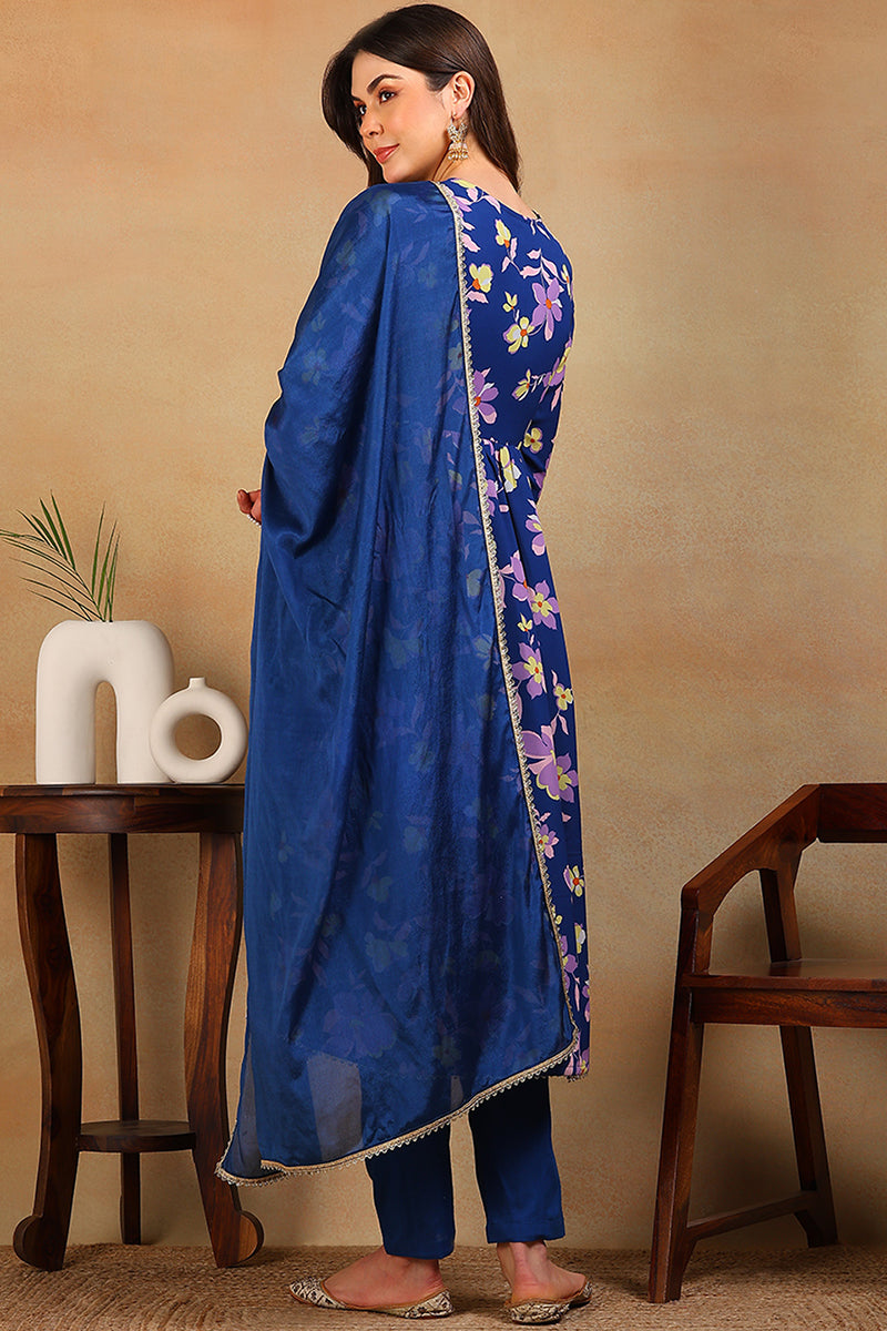 Blue Poly Georgette Floral Printed Flared Suit Set  | SHOBITAM