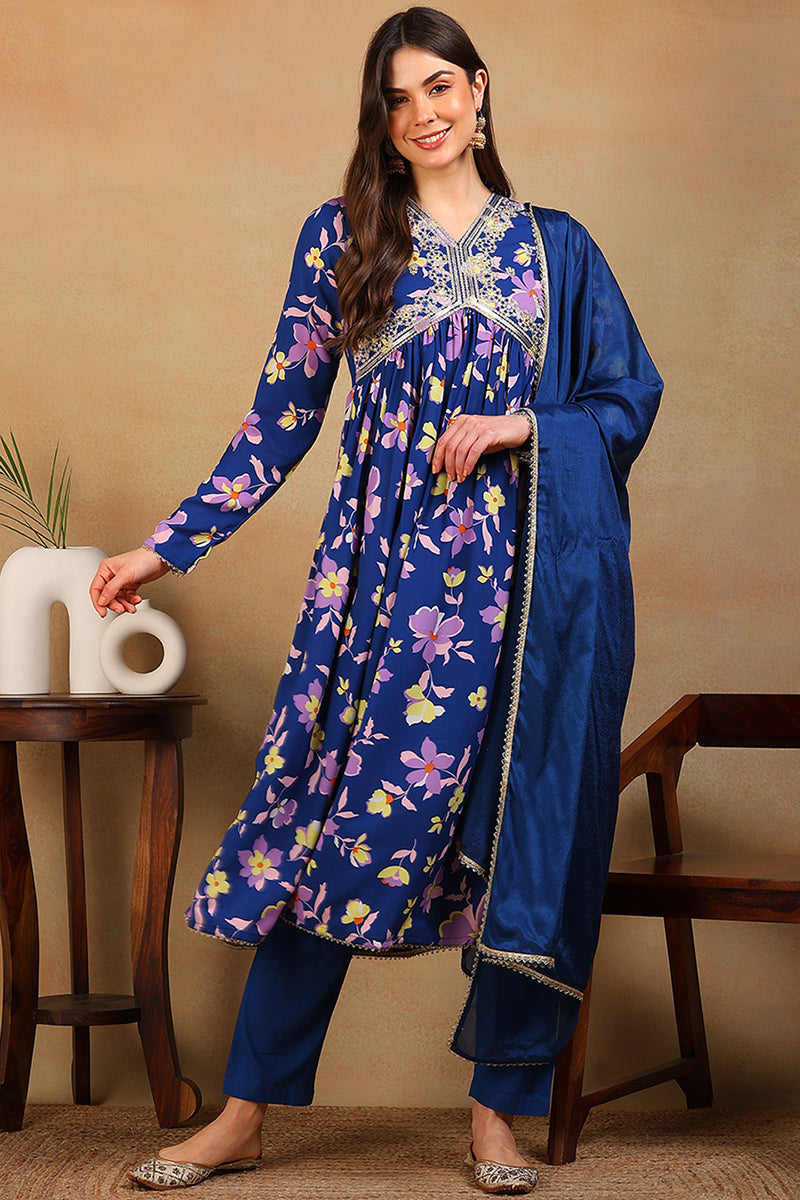 Blue Poly Georgette Floral Printed Flared Suit Set  | SHOBITAM
