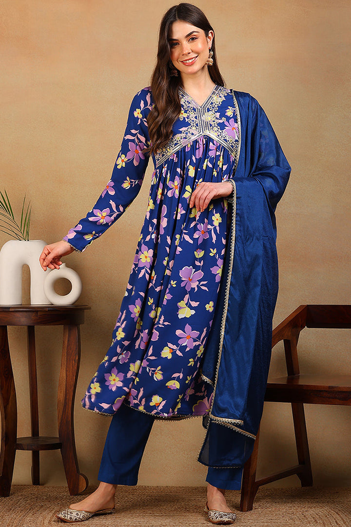 Blue Poly Georgette Floral Printed Flared Suit Set  | SHOBITAM
