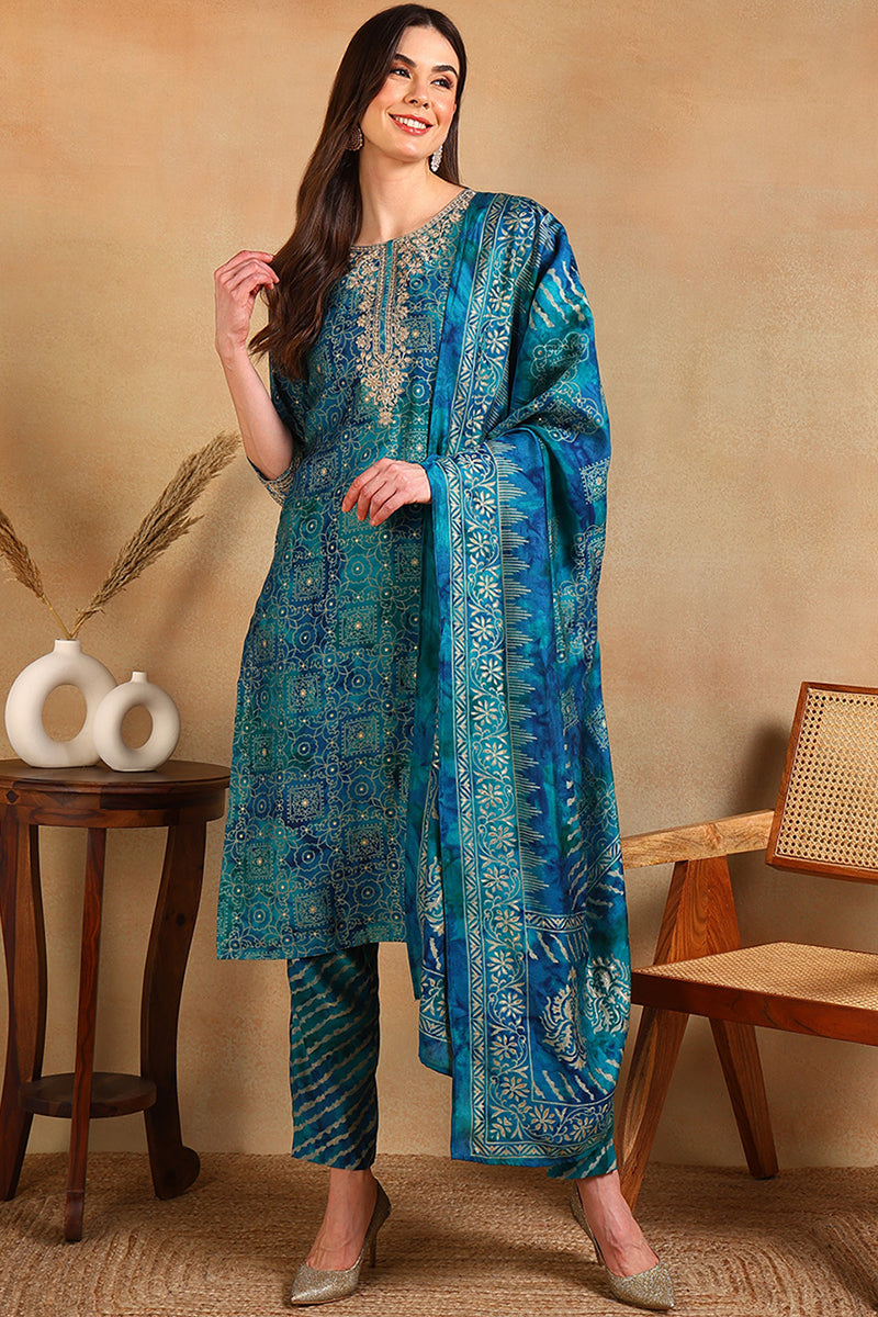 Teal Silk Blend Ethnic Motifs Printed Straight Suit Set | SHOBITAM