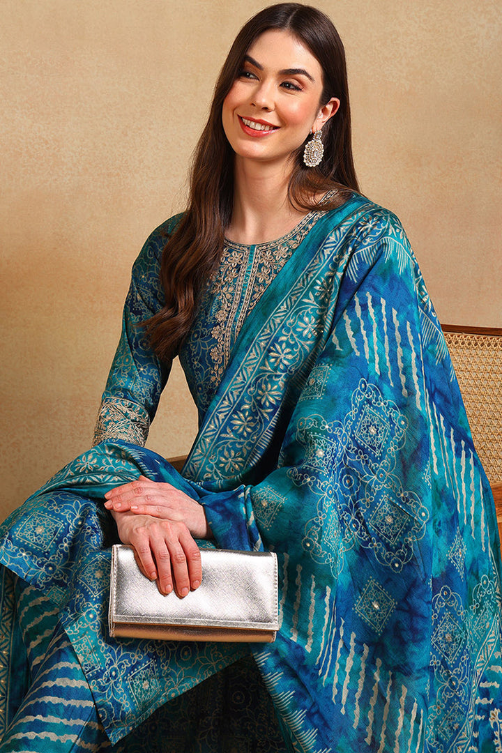 Teal Silk Blend Ethnic Motifs Printed Straight Suit Set | SHOBITAM