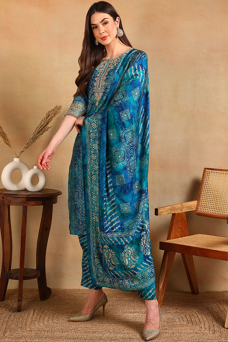 Teal Silk Blend Ethnic Motifs Printed Straight Suit Set | SHOBITAM