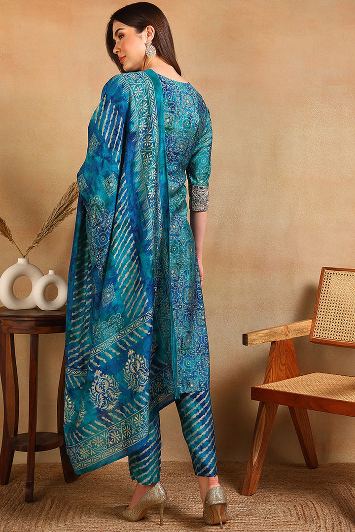 Teal Silk Blend Ethnic Motifs Printed Straight Suit Set | SHOBITAM