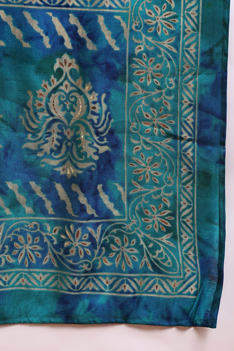 Teal Silk Blend Ethnic Motifs Printed Straight Suit Set | SHOBITAM