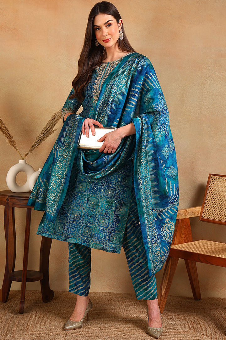 Teal Silk Blend Ethnic Motifs Printed Straight Suit Set | SHOBITAM