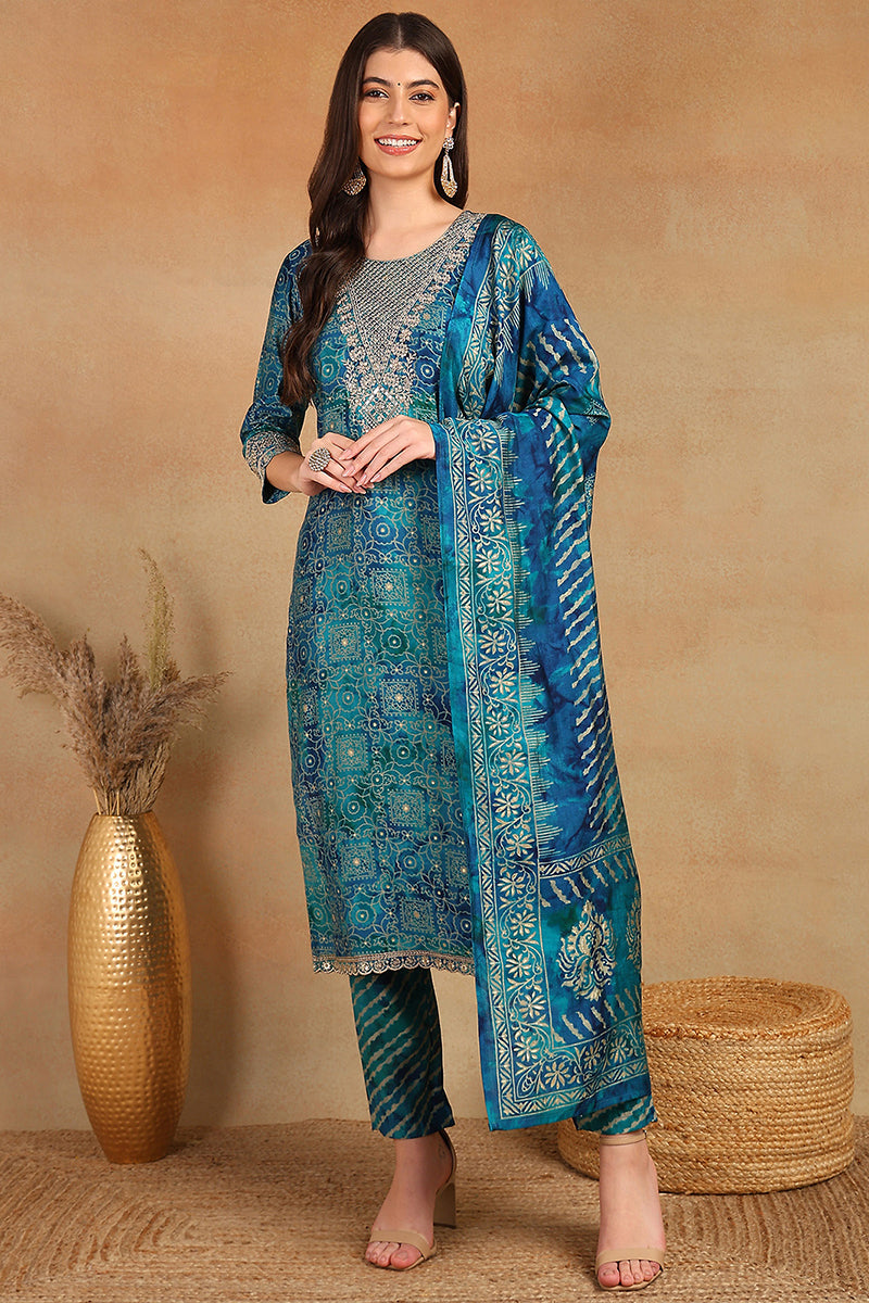 Teal Silk Blend Ethnic Motifs Printed Straight Suit Set | SHOBITAM