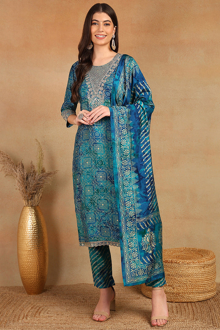 Teal Silk Blend Ethnic Motifs Printed Straight Suit Set | SHOBITAM