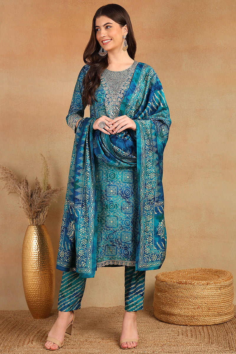 Teal Silk Blend Ethnic Motifs Printed Straight Suit Set | SHOBITAM