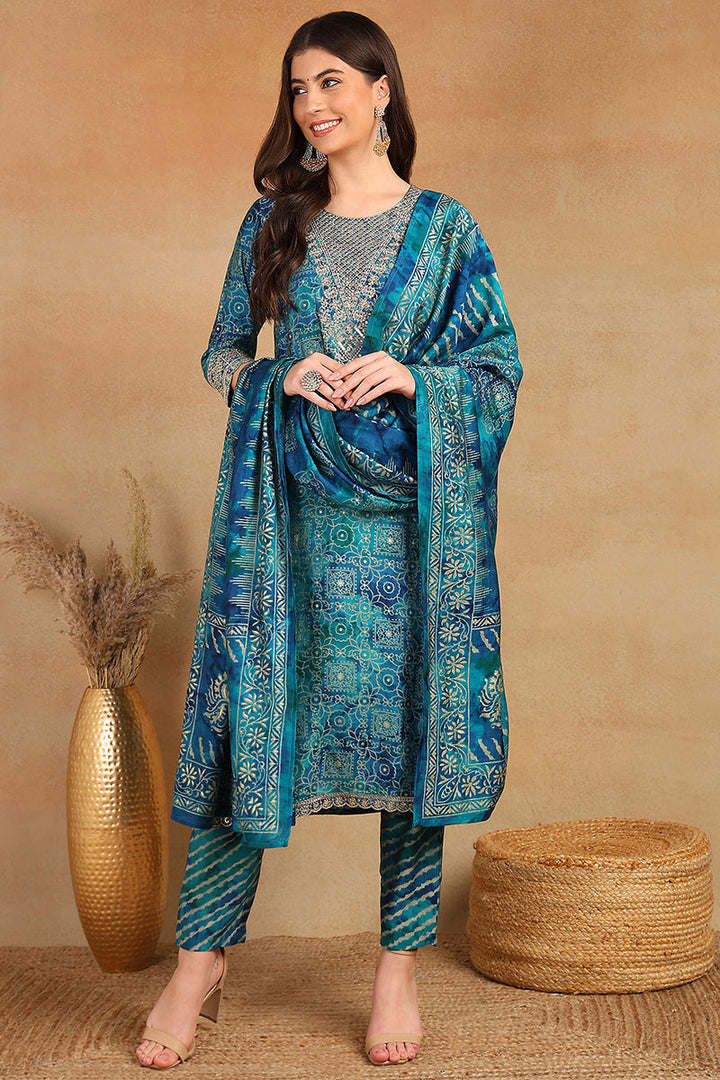 Teal Silk Blend Ethnic Motifs Printed Straight Suit Set | SHOBITAM