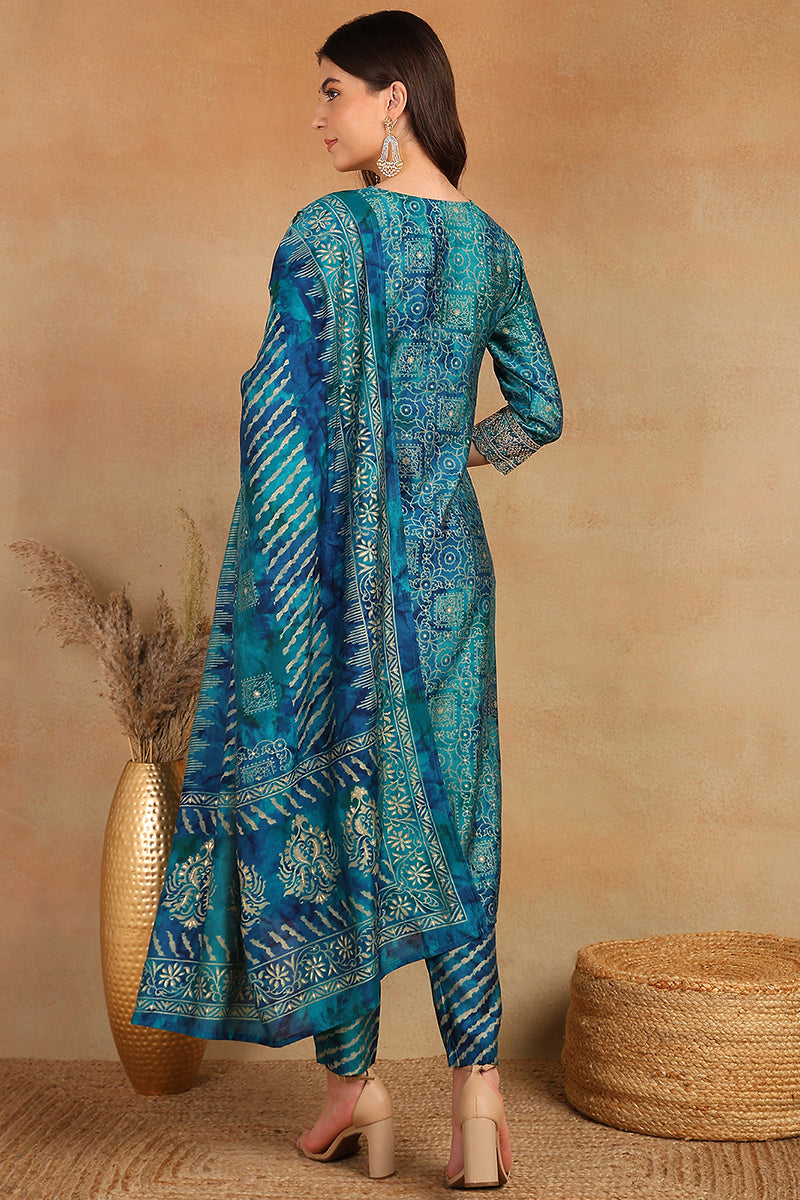 Teal Silk Blend Ethnic Motifs Printed Straight Suit Set | SHOBITAM