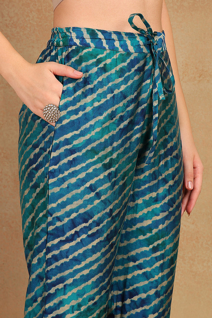 Teal Silk Blend Ethnic Motifs Printed Straight Suit Set | SHOBITAM