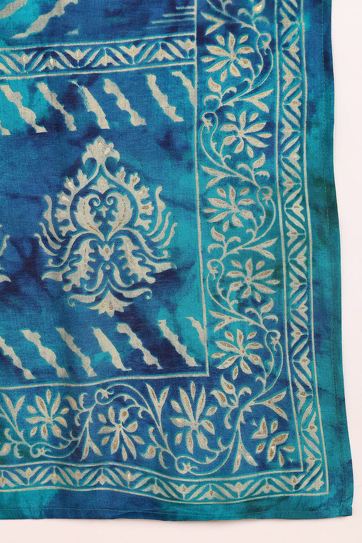 Teal Silk Blend Ethnic Motifs Printed Straight Suit Set | SHOBITAM