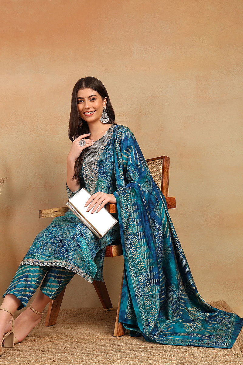 Teal Silk Blend Ethnic Motifs Printed Straight Suit Set | SHOBITAM