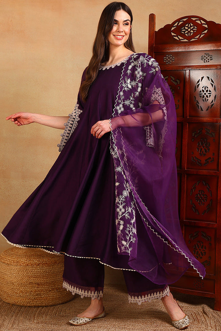 Purple Silk Blend Solid Embroidered Anarkali Suit Set | SHOBITAM