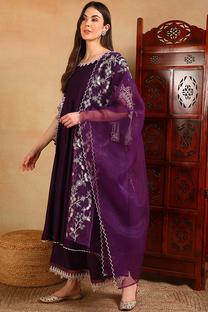 Purple Silk Blend Solid Embroidered Anarkali Suit Set | SHOBITAM