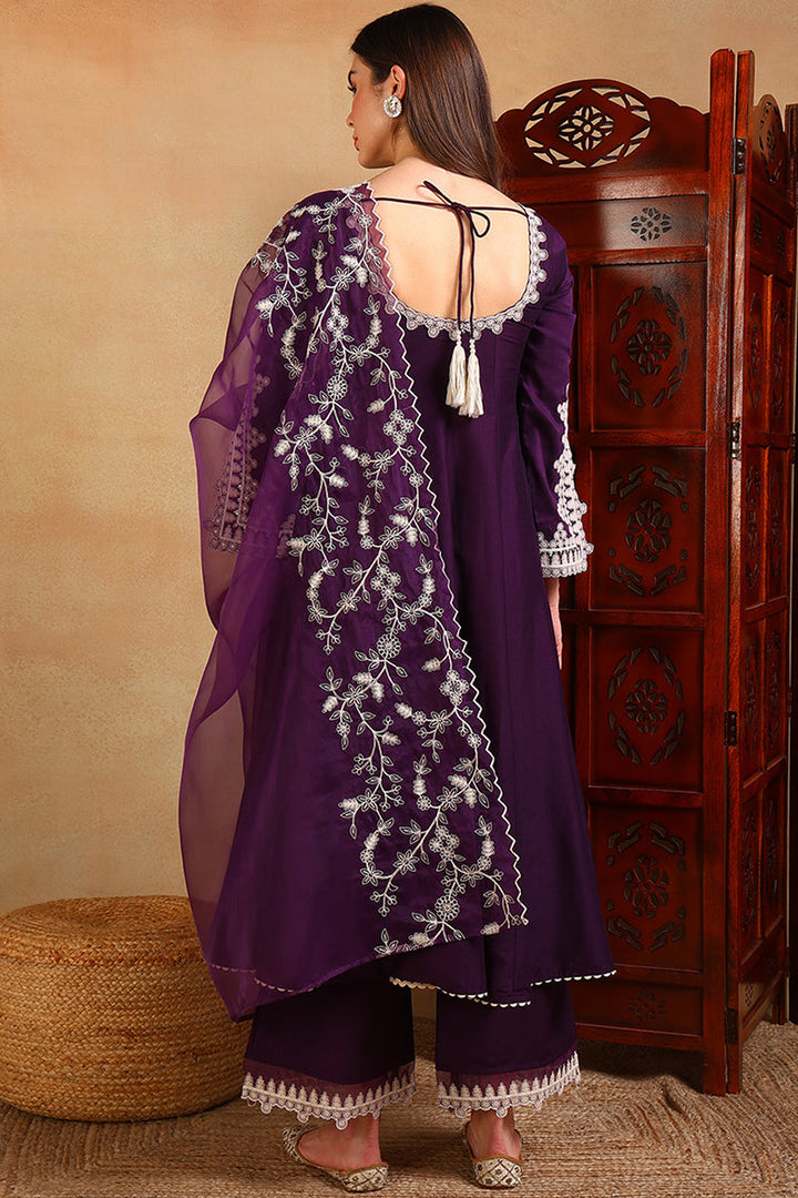 Purple Silk Blend Solid Embroidered Anarkali Suit Set | SHOBITAM