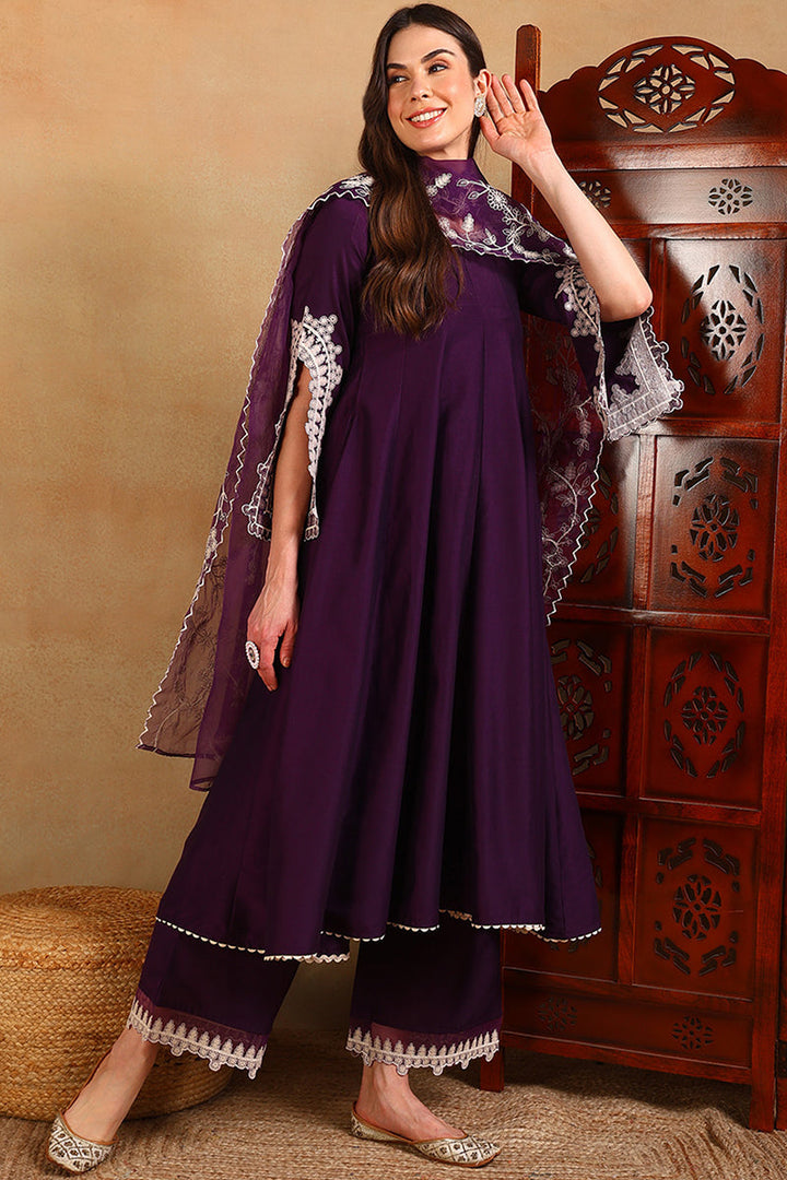 Purple Silk Blend Solid Embroidered Anarkali Suit Set | SHOBITAM