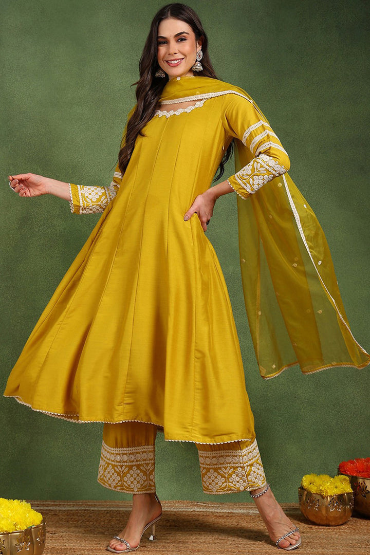 Yellow Silk Blend Solid Embroidered Anarkali Suit Set | SHOBITAM