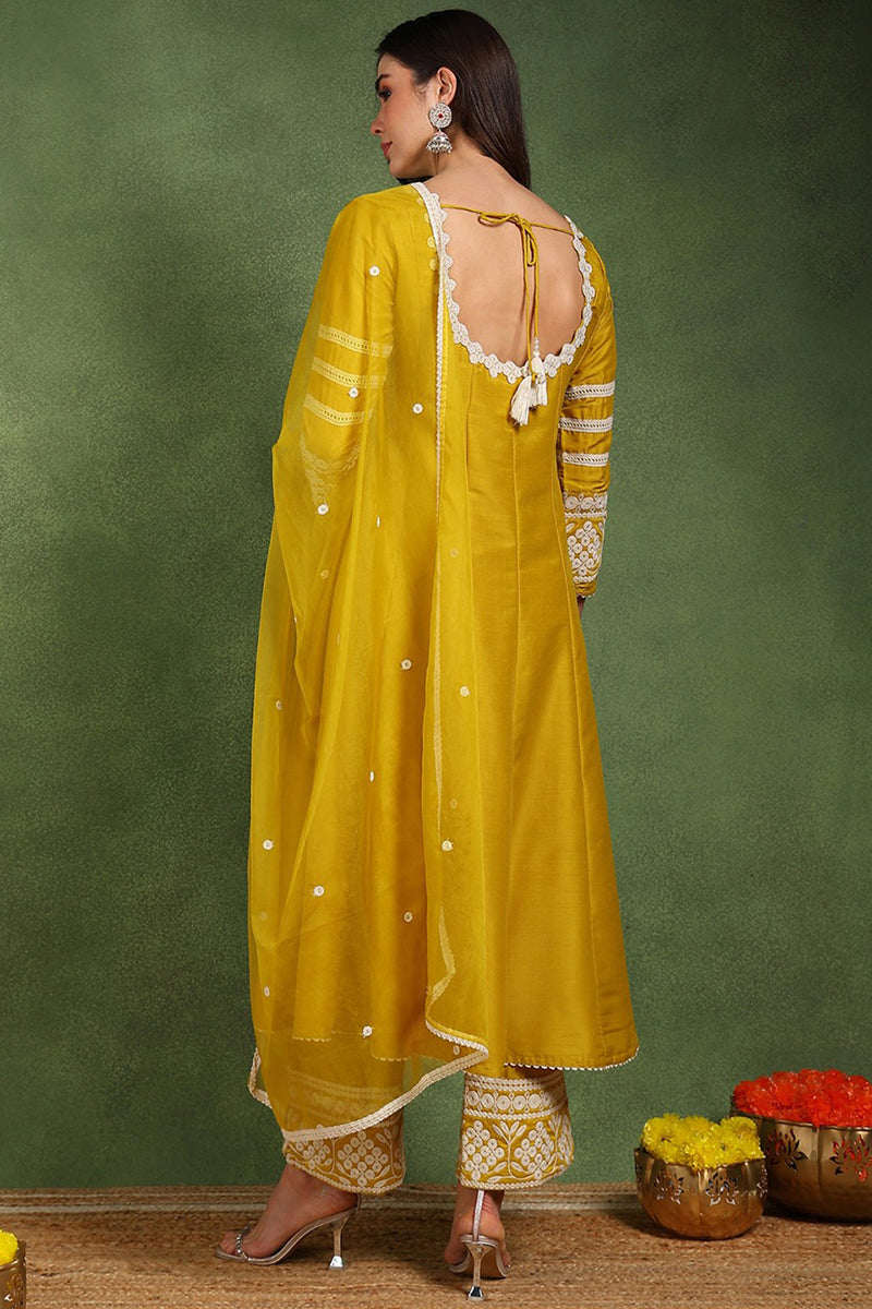 Yellow Silk Blend Solid Embroidered Anarkali Suit Set | SHOBITAM