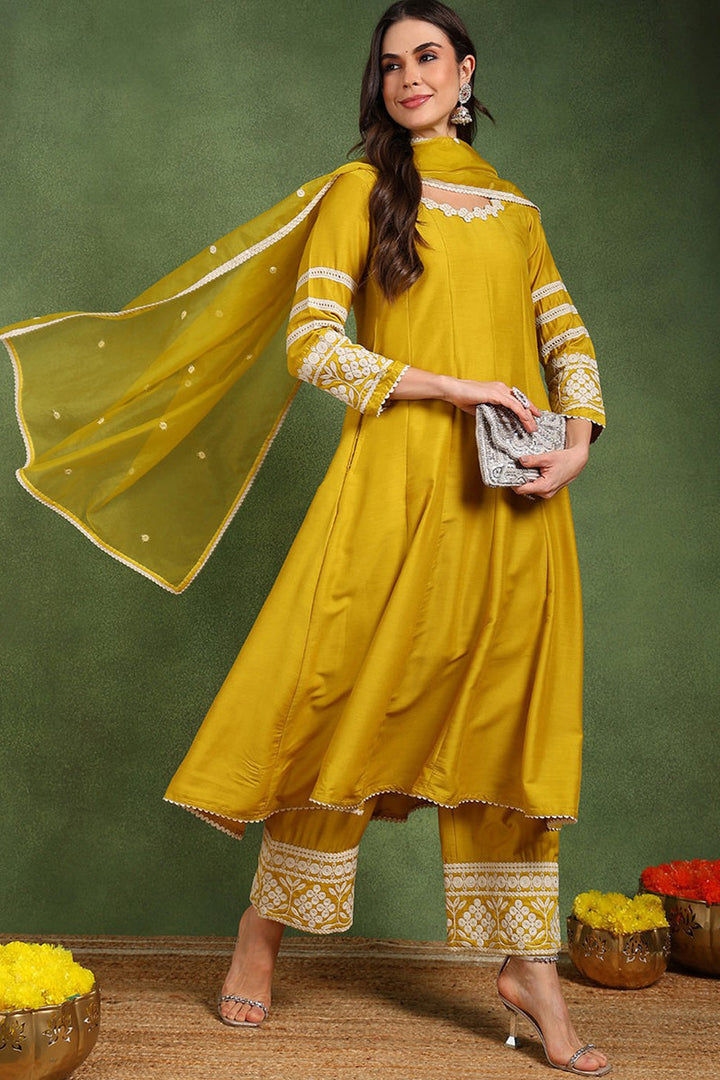 Yellow Silk Blend Solid Embroidered Anarkali Suit Set | SHOBITAM