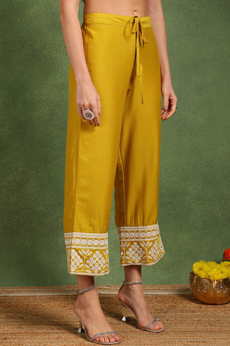 Yellow Silk Blend Solid Embroidered Anarkali Suit Set | SHOBITAM