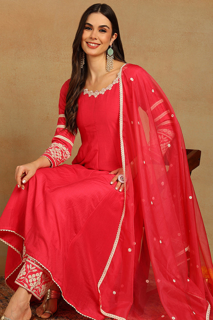 Pink Silk Blend Solid Embroidered Anarkali Suit Set | SHOBITAM