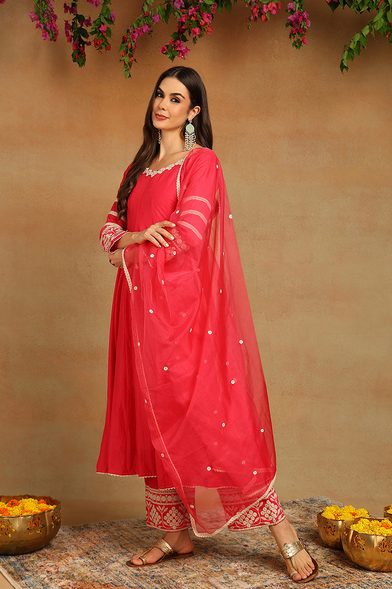 Pink Silk Blend Solid Embroidered Anarkali Suit Set | SHOBITAM