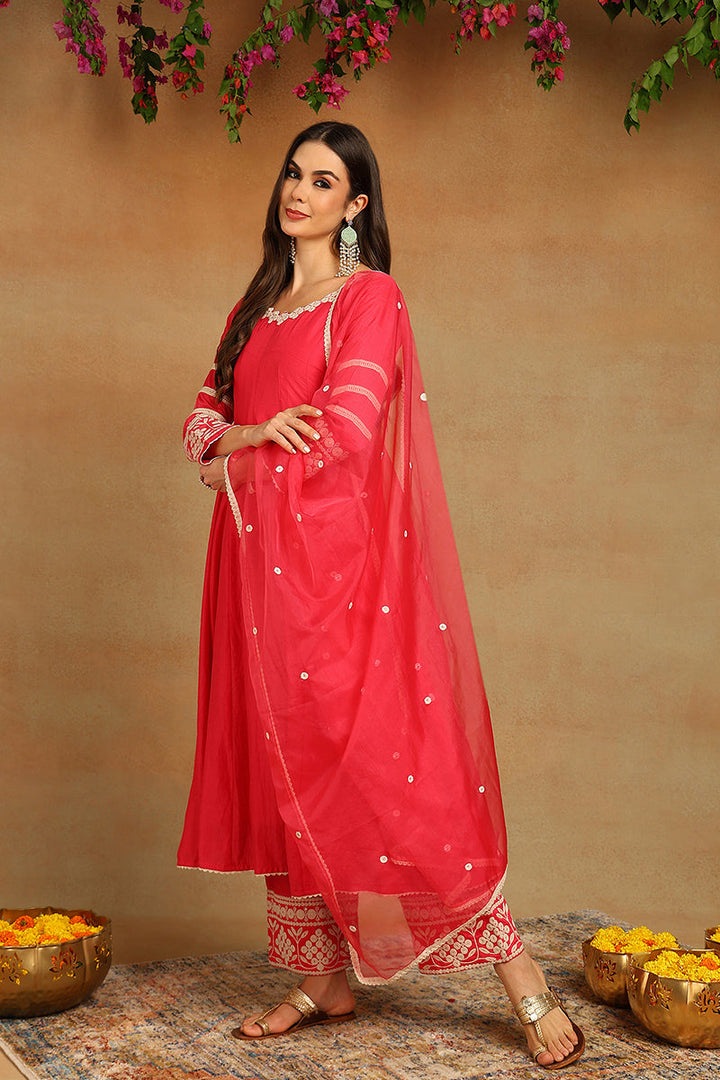 Pink Silk Blend Solid Embroidered Anarkali Suit Set | SHOBITAM