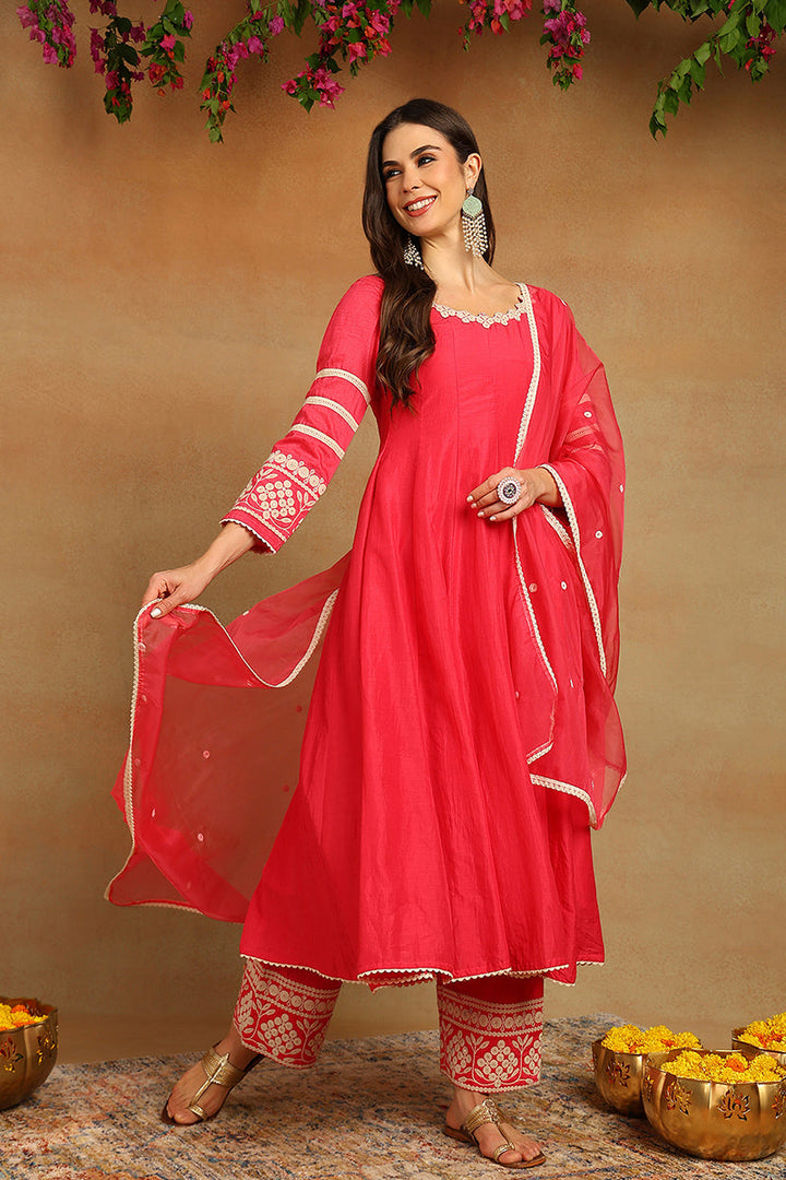 Pink Silk Blend Solid Embroidered Anarkali Suit Set | SHOBITAM