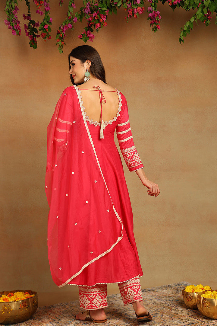 Pink Silk Blend Solid Embroidered Anarkali Suit Set | SHOBITAM