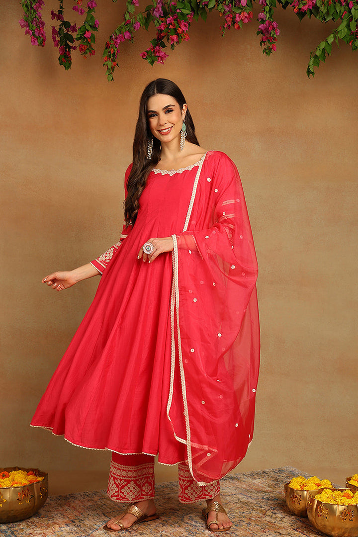 Pink Silk Blend Solid Embroidered Anarkali Suit Set | SHOBITAM