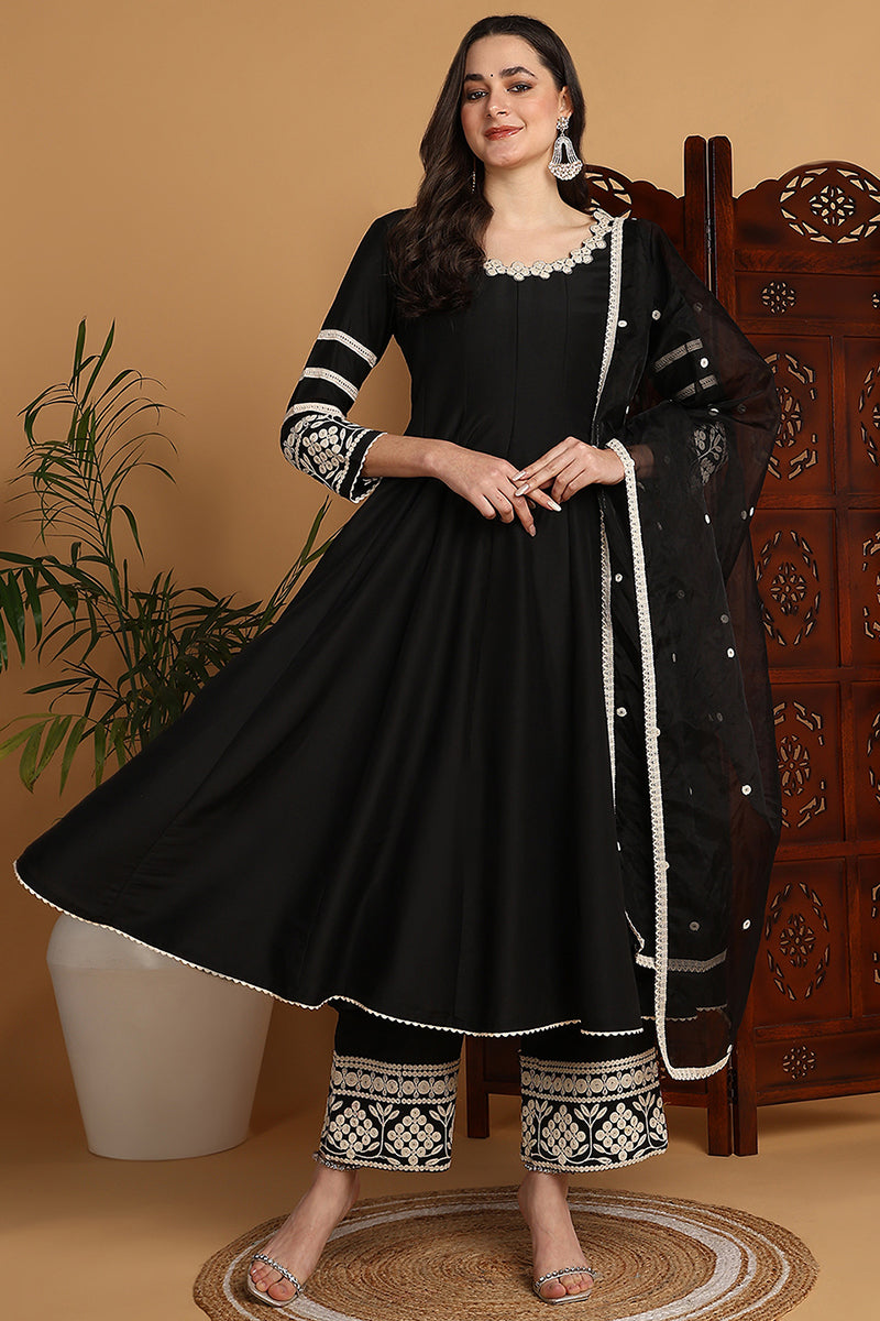 Black Silk Blend Solid Embroidered Anarkali Suit Set | SHOBITAM