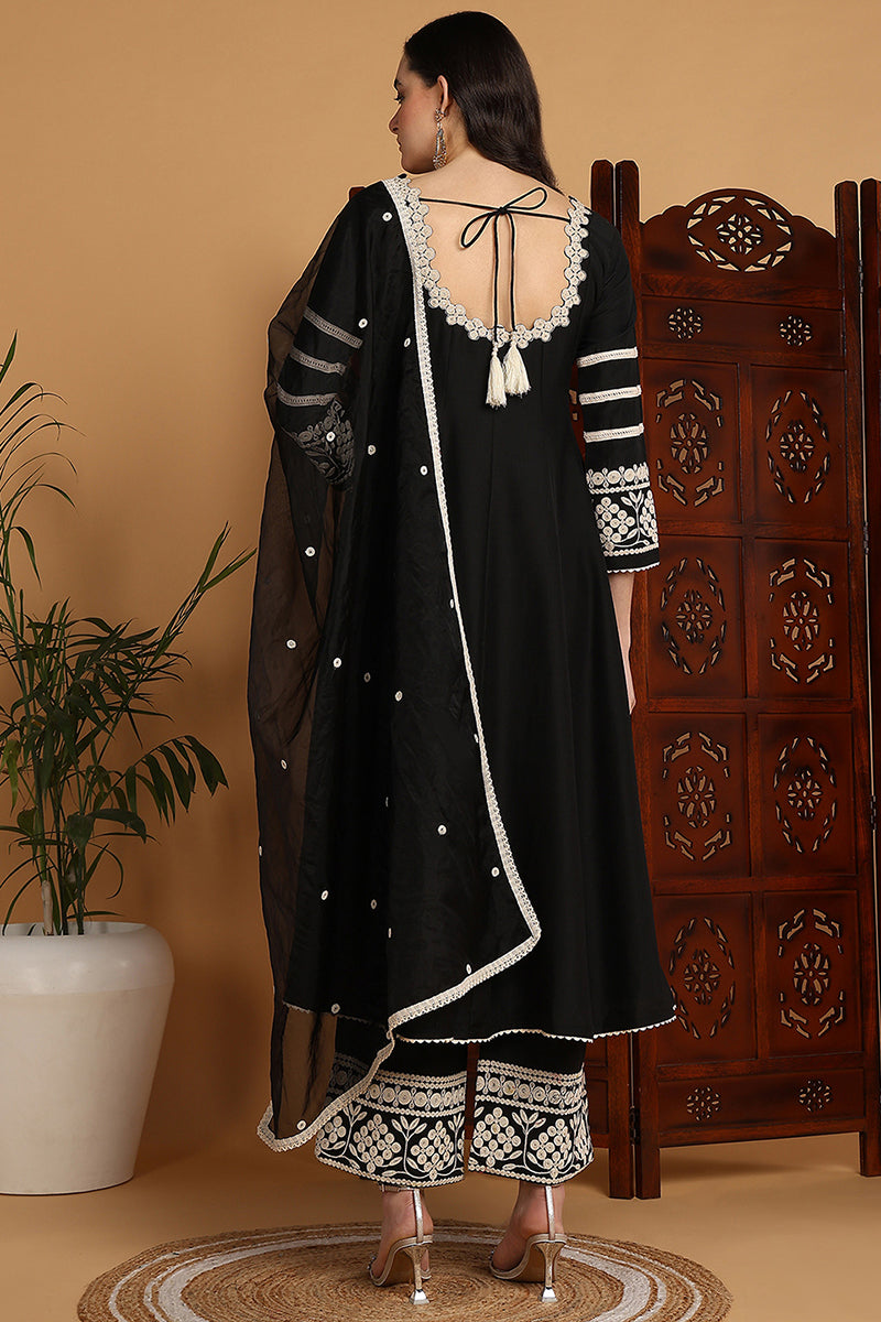 Black Silk Blend Solid Embroidered Anarkali Suit Set | SHOBITAM