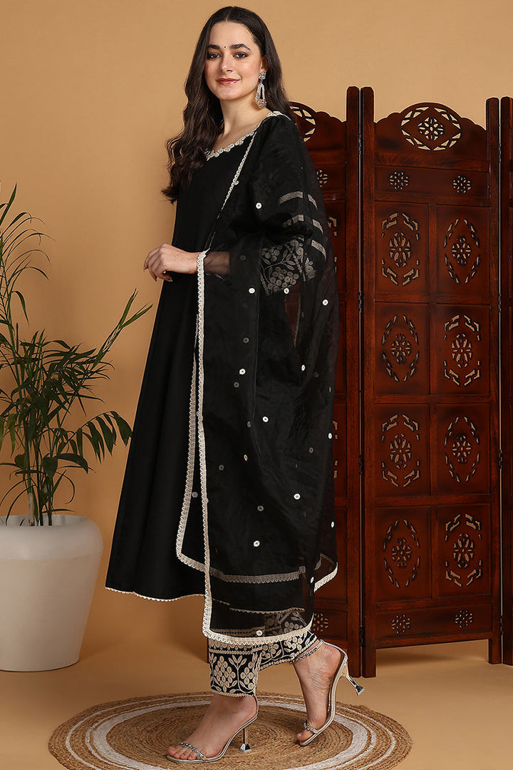 Black Silk Blend Solid Embroidered Anarkali Suit Set | SHOBITAM