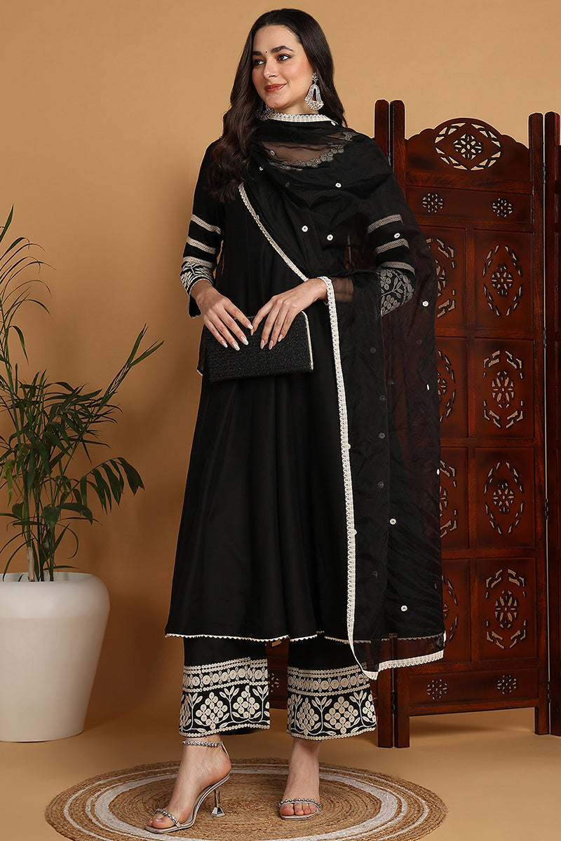 Black Silk Blend Solid Embroidered Anarkali Suit Set | SHOBITAM