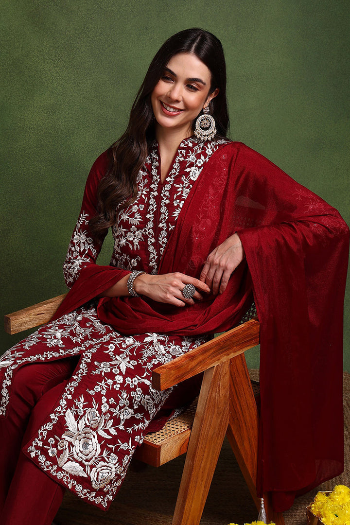 Maroon Silk Blend Solid Embroidered Straight Suit Set | SHOBITAM