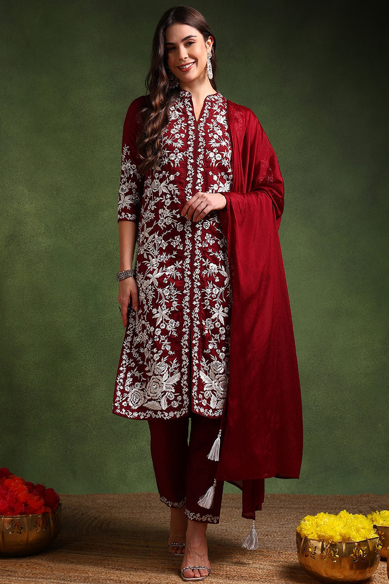 Maroon Silk Blend Solid Embroidered Straight Suit Set | SHOBITAM