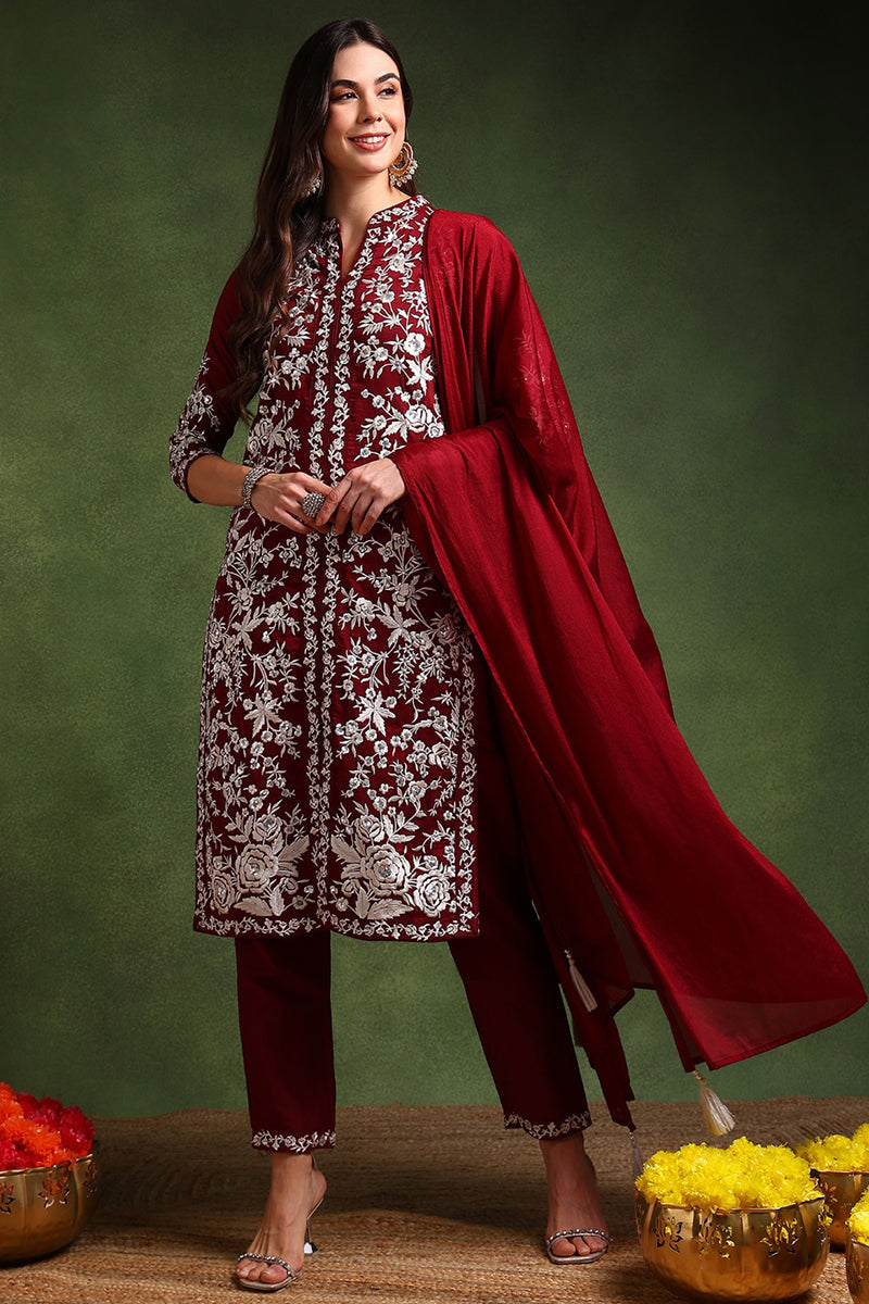 Maroon Silk Blend Solid Embroidered Straight Suit Set | SHOBITAM
