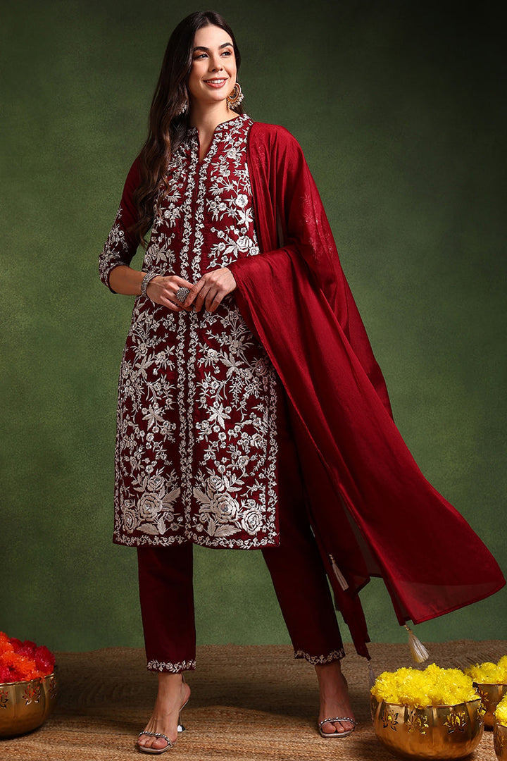 Maroon Silk Blend Solid Embroidered Straight Suit Set | SHOBITAM