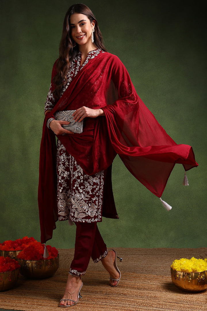 Maroon Silk Blend Solid Embroidered Straight Suit Set | SHOBITAM