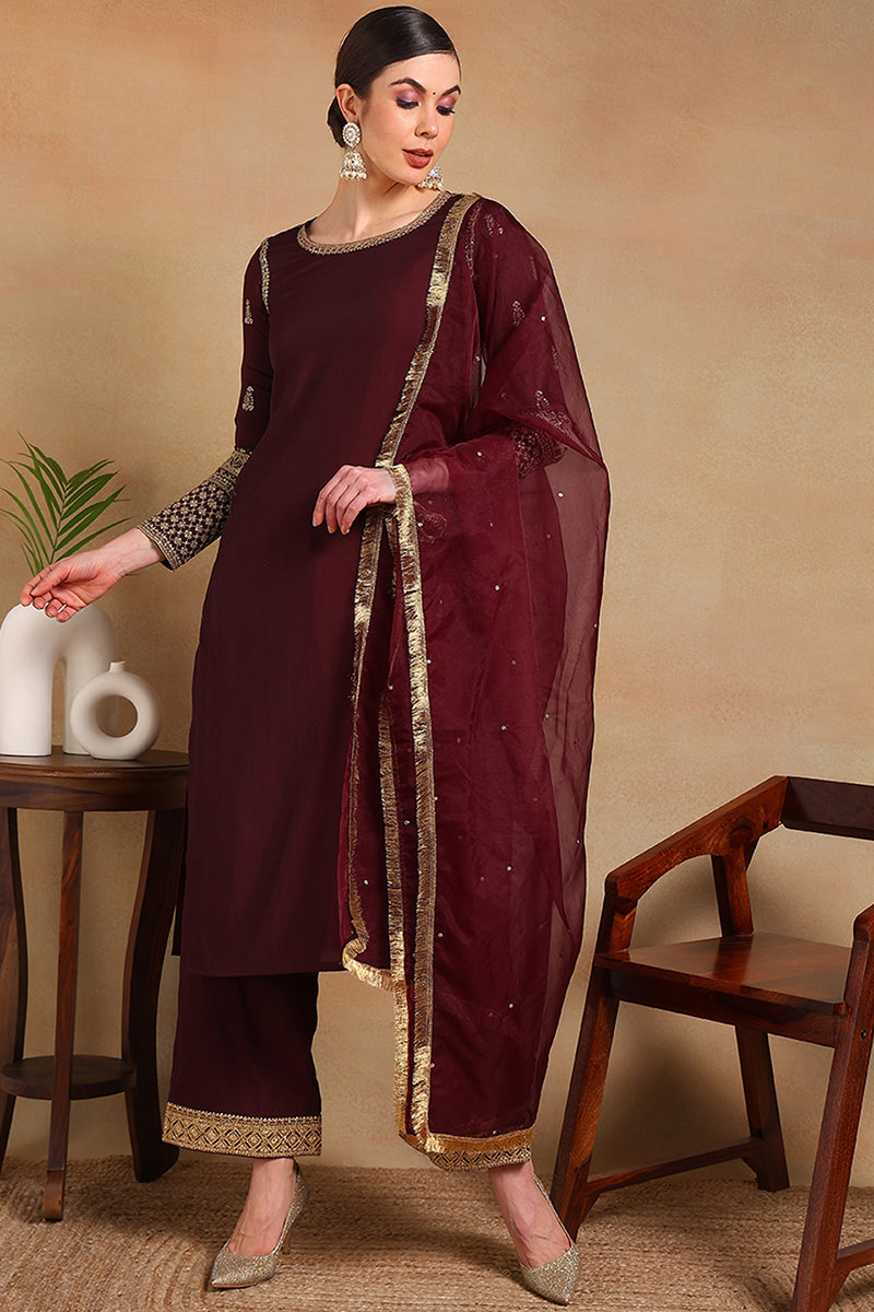 Burgundy Silk Blend Solid Embroidered Straight Regular Suit Set  | SHOBITAM