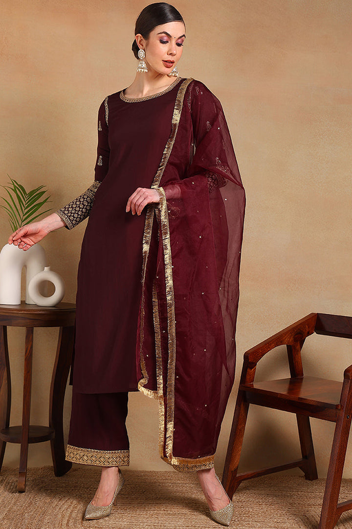 Burgundy Silk Blend Solid Embroidered Straight Regular Suit Set  | SHOBITAM