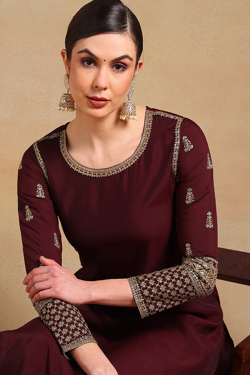 Burgundy Silk Blend Solid Embroidered Straight Regular Suit Set  | SHOBITAM