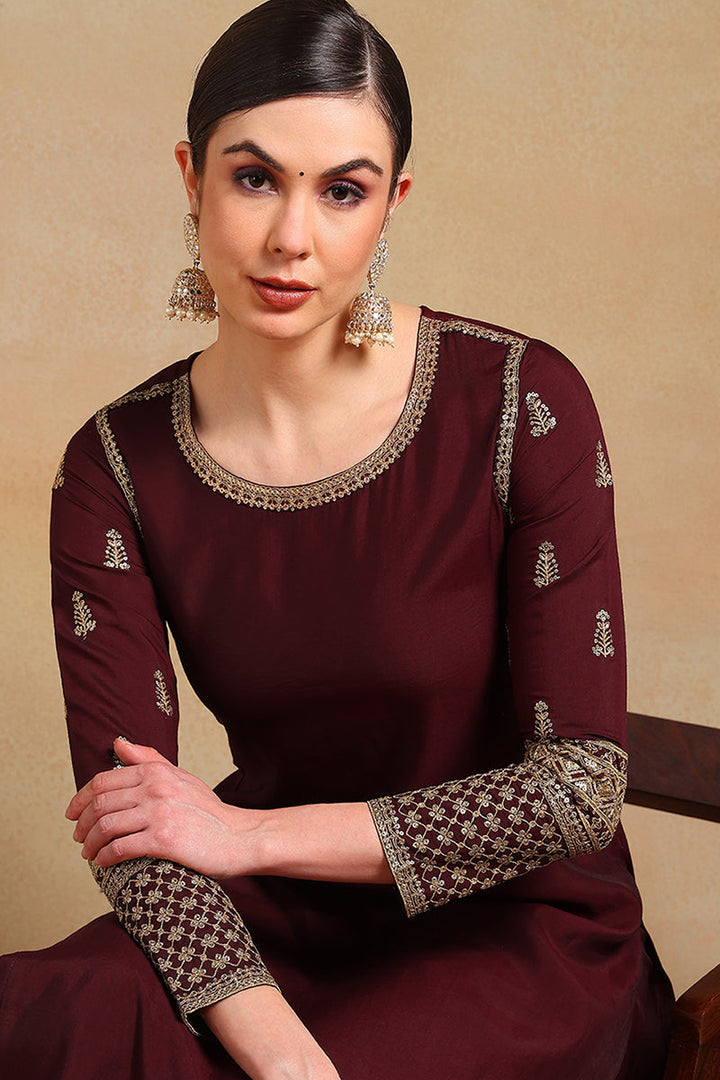 Burgundy Silk Blend Solid Embroidered Straight Regular Suit Set  | SHOBITAM