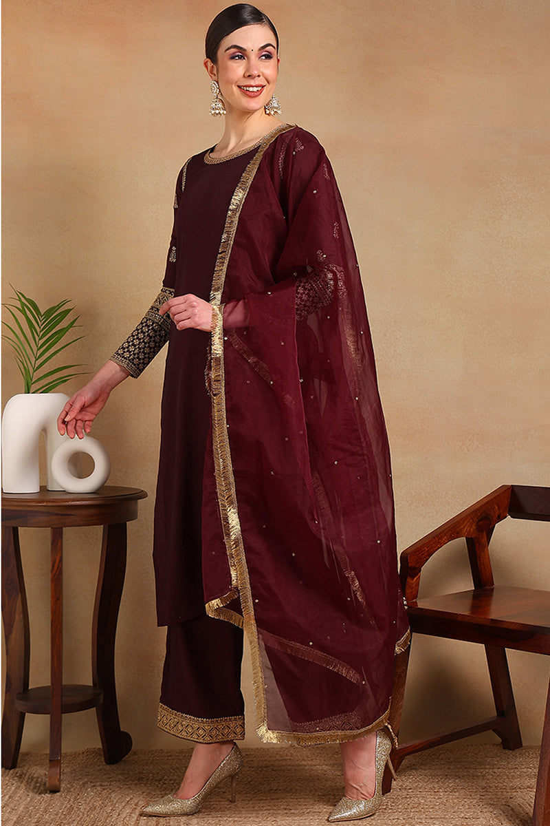 Burgundy Silk Blend Solid Embroidered Straight Regular Suit Set  | SHOBITAM