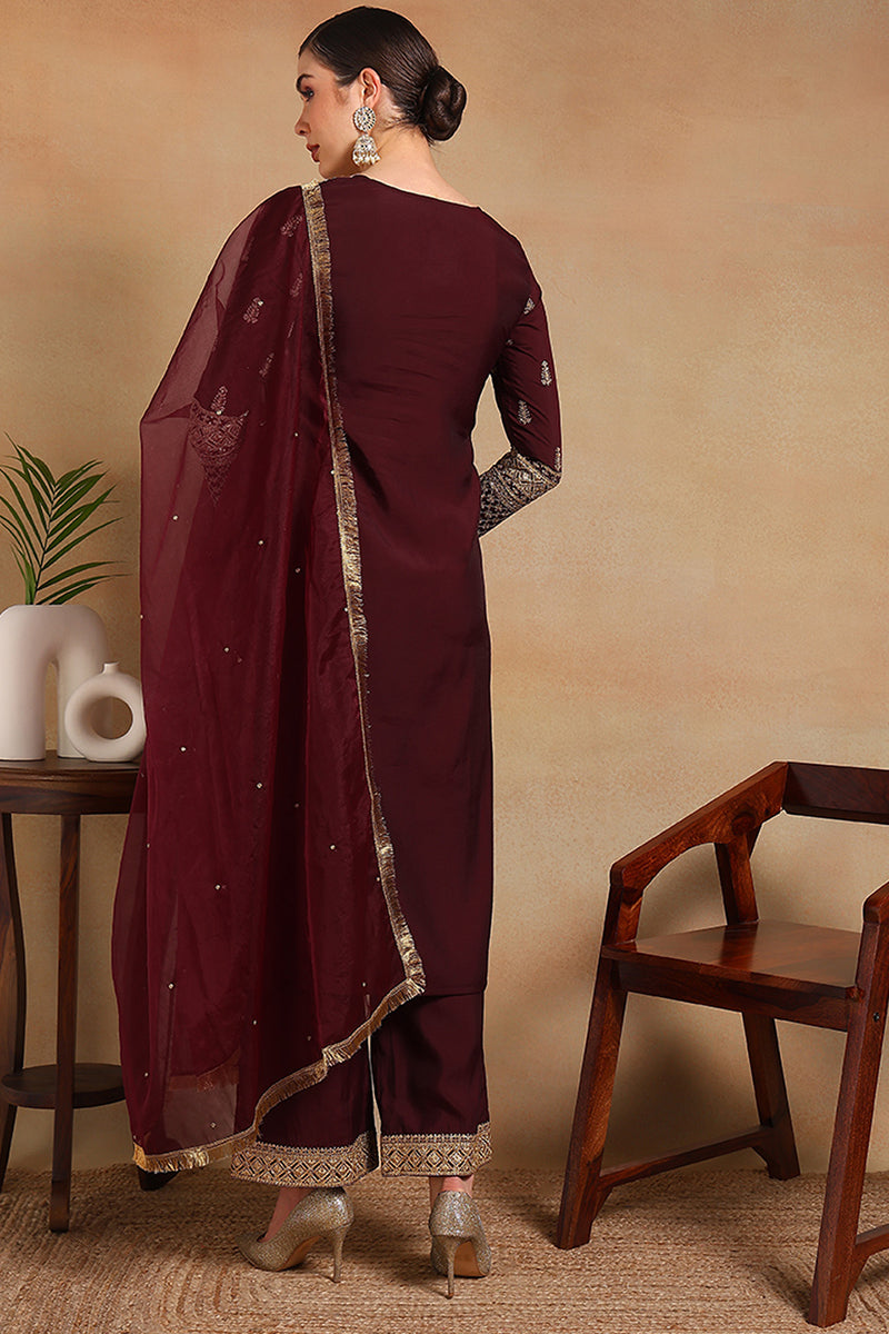 Burgundy Silk Blend Solid Embroidered Straight Regular Suit Set  | SHOBITAM