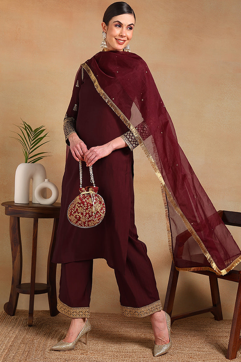 Burgundy Silk Blend Solid Embroidered Straight Regular Suit Set  | SHOBITAM
